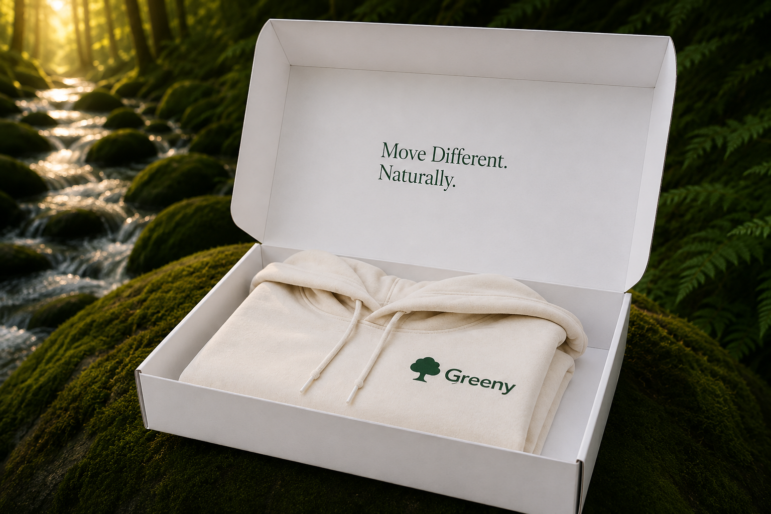 A Greeny hoodie carefully packed in a shipping box outdoors