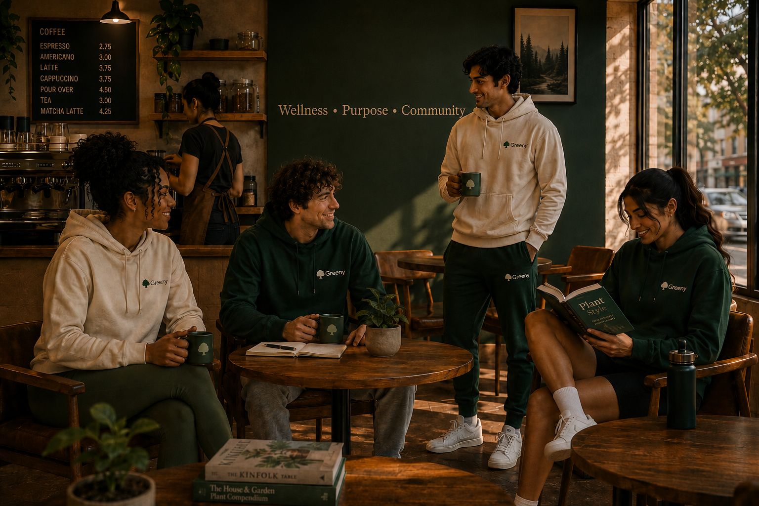 Greeny community gathered in a cozy coffee shop wearing Greeny hoodies