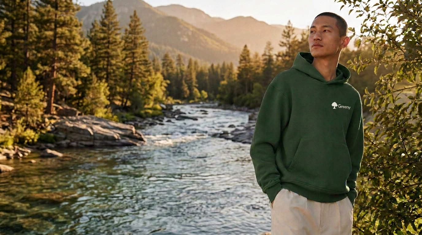 Model wearing a Greeny hoodie in a natural landscape