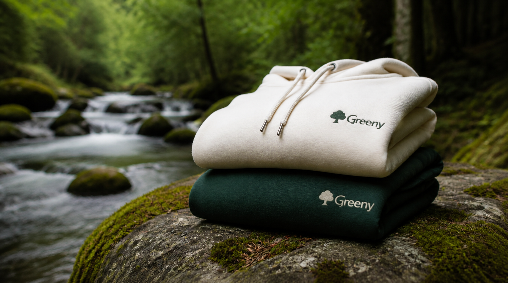 Stacked cream and green Greeny hoodies on a mossy rock beside a forest stream
