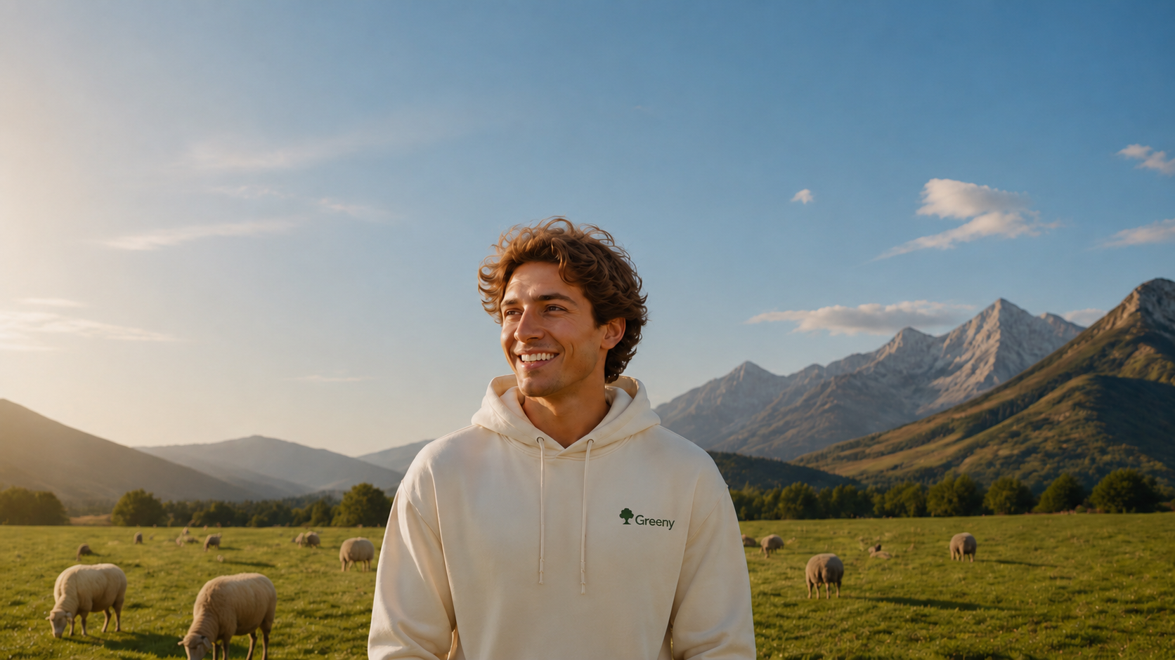 Smiling person wearing a Greeny hoodie in a sunny meadow with sheep
